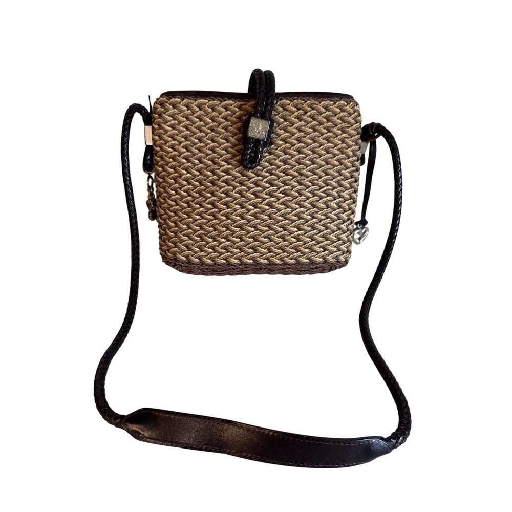 Brighton Straw Crossbody Bag‎ Woven 2Tone Brown Tan Braided Leather Strap Charms